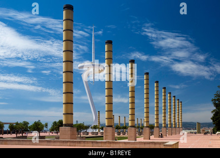 Torre Telefónica o Montjuic torre sul terreno olimpico, Montjuic Hill degli ebrei, Barcellona, Spagna, Europa Foto Stock