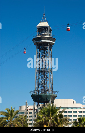 Torre de Jaume I, funivia torre del Transbordador aeri in Port Vell Harbour, Barcellona, Spagna, Europa Foto Stock