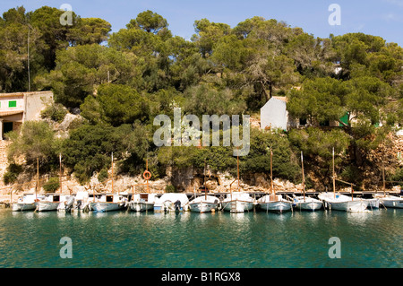 Cala Fuguera Bay, barche da pesca nella parte anteriore degli alberi, Cala Figuera, Maiorca, isole Baleari, Spagna, Europa Foto Stock