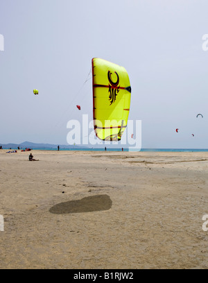 Kite surfer praticare su Sotavento Beach, Fuerteventura, Isole Canarie, Spagna, Europa Foto Stock