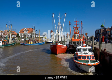 Barche da pesca in Neuharlingersiel Harbour, Frisia orientale, Bassa Sassonia, costa del Mare del Nord, Mare di Wadden, Germania, Europa Foto Stock