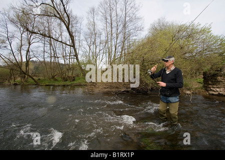 L'uomo la pesca con la mosca, area Vulkaneifel, Renania-Palatinato, Germania, Europa Foto Stock