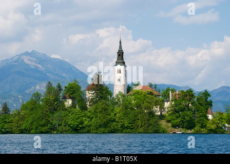 Lago Bleder vedere, St Mary's Island, la chiesa di Santa Maria, Bled, Slovenia, Europa Foto Stock