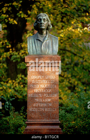 Busto di Nicolò Copernico sotto l'ex castello dell'Ordine Teutonico in Olsztyn (la Masuria - Polonia). Foto Stock