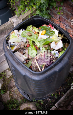 Aprire in plastica nera compost bin visualizzazione contenuto Foto Stock Aprire in plastica nera compost bin visualizzazione contenuto Foto Stock