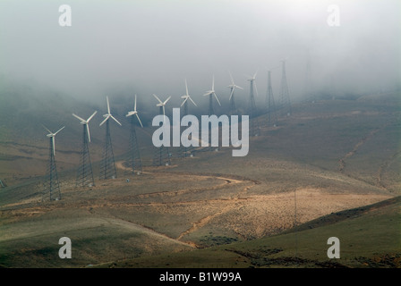 Energia eolica Energia eolica vento turbina ruota accanto all'autostrada in California foggy cielo e spazio aperto Foto Stock