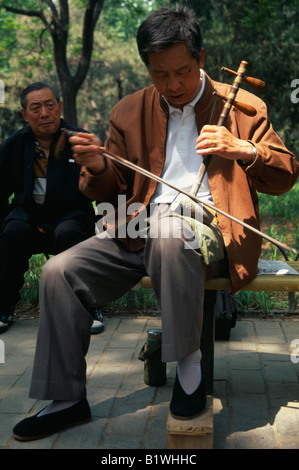 Cina Asia Pechino musicista di Tian Tian Park riproduzione di un Erhu, cinese tradizionale violino. Foto Stock