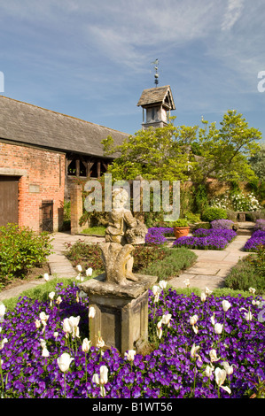 Le viole e tulipani circondano un giardino statua in bandiera giardino, Arley Hall, Arley, Cheshire, Inghilterra, Regno Unito Foto Stock