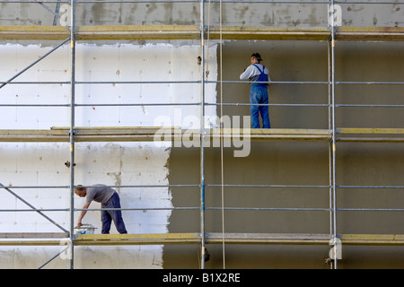 Operai sul ponteggio a Budapest, Ungheria Foto Stock