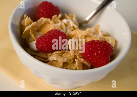 Fiocchi di cereali con lamponi e latte Foto Stock