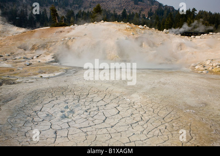 Terreno friabile crepe nella parte anteriore di una molla di ebollizione in Bumpass Hell - la più grande area idrotermale in Parco nazionale vulcanico di Lassen Foto Stock