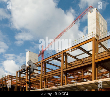 Cornice in acciaio edificio in costruzione con una torre rossa gru contro un cielo blu Foto Stock