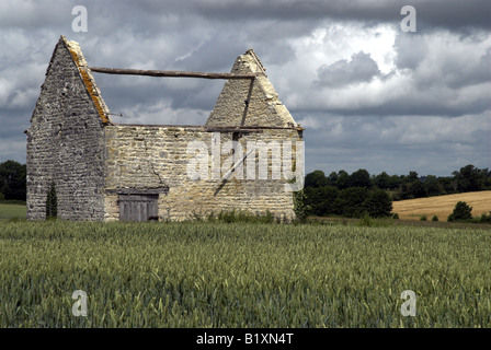 Abbandonato edificio agricolo nel campo, Bazouches au Houlme, Normandia, Francia. Foto Stock