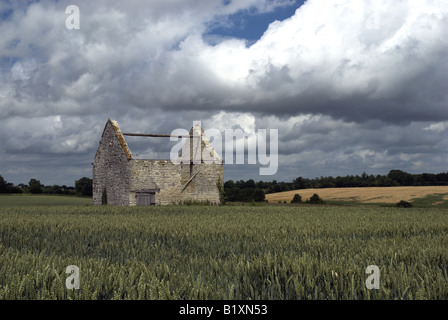 Abbandonato edificio agricolo nel campo, Bazouches au Houlme, Normandia, Francia. Foto Stock