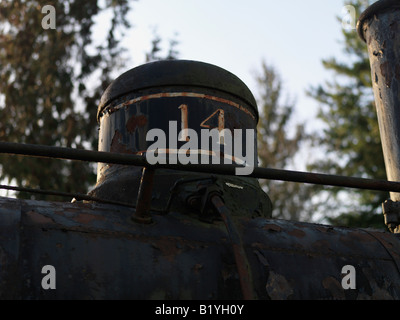 Un motore arrugginito siede silenziosamente sul lato tracce mentre gli elementi di ruggine e distaccare la dignità di questo ferro cavallo Foto Stock