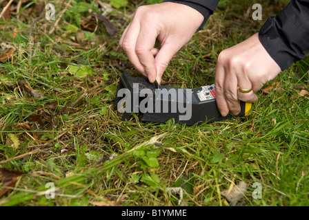 Humane mouse trap - donna apertura trappola del mouse esterno in erba Foto Stock