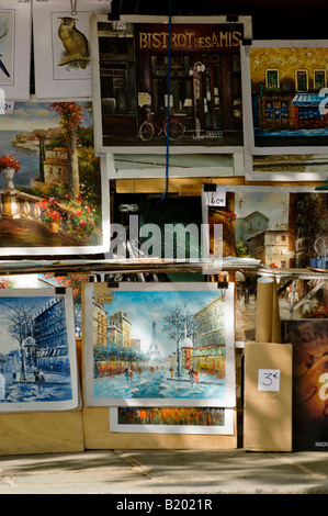 Arte e cartolina stand lungo la Senna nel Quartiere Latino di Parigi, Francia. Foto Stock