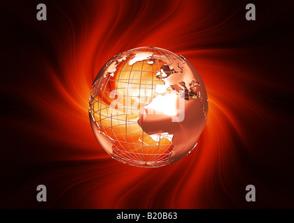 3D render di un globo wireframe su sfondo fiery Foto Stock