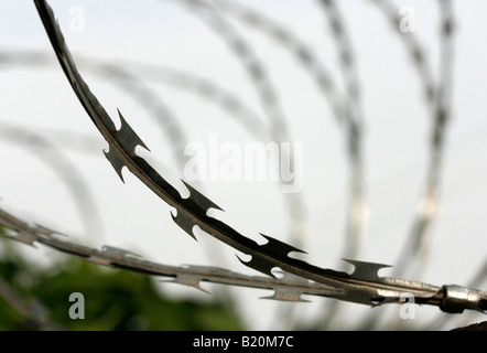 Filo di rasoio sulla parte superiore di una parete del perimetro Foto Stock