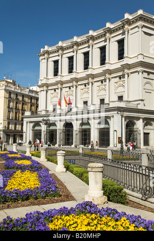 Spagna Madrid fiori nel giardino esterno Royal teatro Teatro Real e Plaza de Oriente Foto Stock