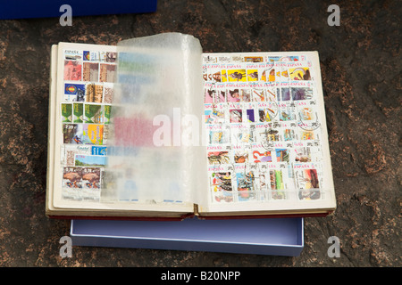 Spagna Madrid collettori del bollo commercio e vendere le collezioni in Plaza Mayor di domenica mattina Notebook con pergamena foglia di timbri Foto Stock