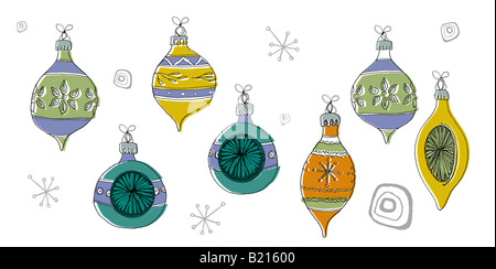 Illustrazione degli anni cinquanta baubles di stile pendente da un abete del ramo. Illustrazione di Julie Miller Foto Stock