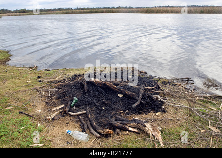 Un olocausto fuori fuoco e scartato le bottiglie di birra sulla riva di un lago. Foto Stock