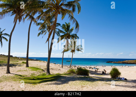 America del Sud Cile Rapa Nui Isla de Pascua Isola di Pasqua spiaggia di Anakena Foto Stock