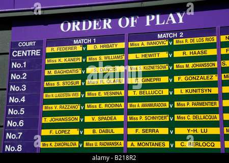 L'ordine di gioco su scheda per la prima giornata del torneo di Wimbledon Tennis Championships 2008 Foto Stock