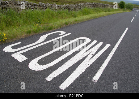 Segno lento sulla strada di un paese del Northumberland UK estate Foto Stock