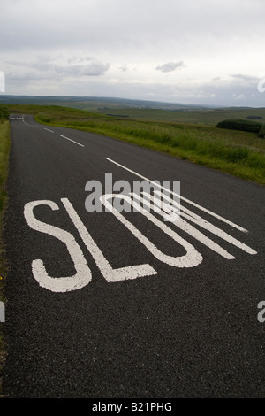 Segno lento sulla strada di un paese del Northumberland UK estate Foto Stock