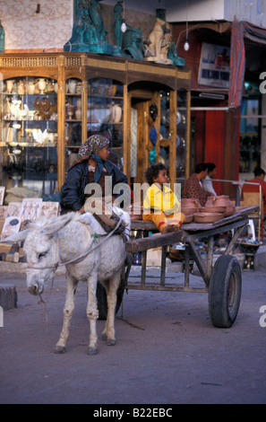 Donna e bambino su donkey cart offrendo di coccio su bazar Centro di Hurghada Egitto Foto Stock