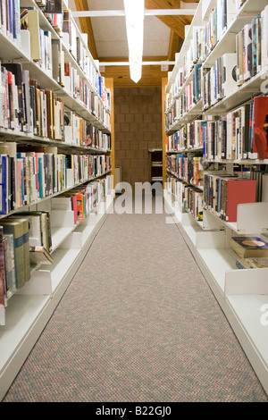 Le navate laterali in una biblioteca pubblica con scaffali pieni di libri Foto Stock