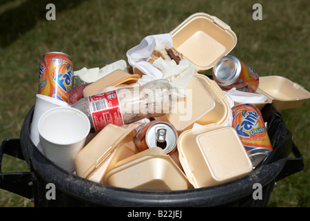 Cumulo di rifiuti abbandonati styrofoam fast food contenitori in un cassone in un campo Foto Stock