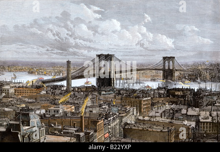 Il nuovo ponte di Brooklyn oltre l'East River New York City 1883. Colorate a mano la xilografia Foto Stock