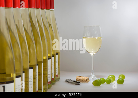 Close-up di bottiglie e bicchiere di vino bianco Foto Stock