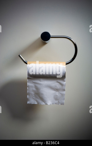 Toilet roll holder with the last sheet of toilet paper on a roll, Foto Stock