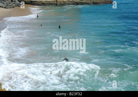 I ragazzi di surf e di riproduzione nell'oceano pacifico in una zona appartata tratto di spiaggia lungo la West Cliff drive santa cruz california Foto Stock