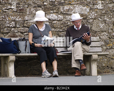 Vecchia coppia seduto su una panchina in lettura Foto Stock