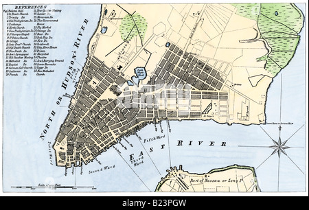 Mappa della città di New York 1789. Colorate a mano la xilografia Foto Stock