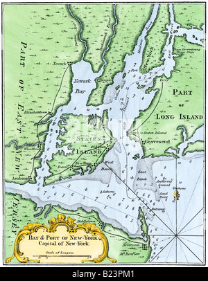 Bellin mappa di New York Bay 1764. Colorate a mano la xilografia Foto Stock