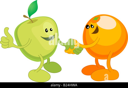 Illustrazione concettuale di un apple e orange stringono le mani. Gli opposti si attraggono, o diversi ma uguali Foto Stock