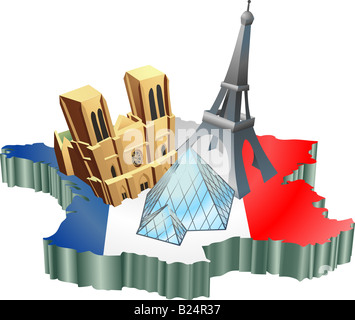 Una illustrazione di alcune attrazioni turistiche in Francia, significa turismo francese Foto Stock