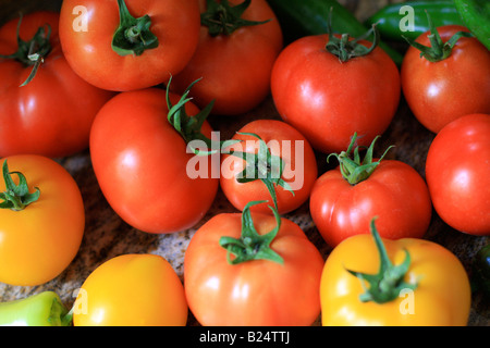 Un assortimento di rosso, arancio e giallo i pomodori e i peperoni verdi su un contatore, illuminata da una finestra piena di sole. Foto Stock