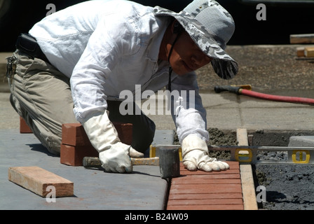 Stone Mason livelli rosso di mattoni di argilla per rendere il confine di un vialetto di fronte a una casa privata in San Jose, CA. Foto Stock