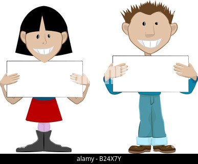 2 persone con cartelloni vuota. Posizionare quello che più vi piace sulle schede. Foto Stock