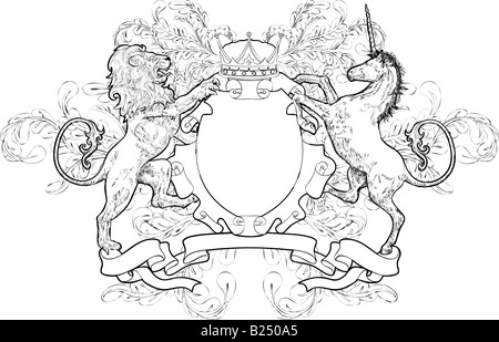 Monocromatico Lion e Unicorn stemma. Un nero e bianco scudo stemma elemento dotato di un leone, Unicorn e corona Foto Stock