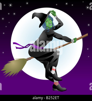 Halloween strega. Una illustrazione di una Scary Halloween con riding la sua scopa Foto Stock