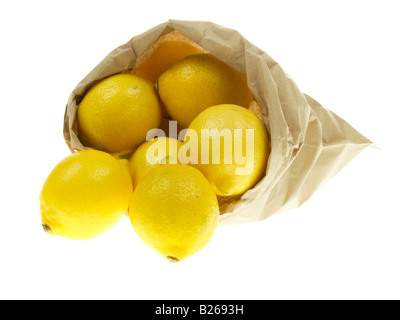 Carta marrone borsa, assenza di plastica, di fresche e mature aromatico sani di Limoni con spazio copia di un tracciato di ritaglio e nessun popolo contro uno sfondo bianco Foto Stock