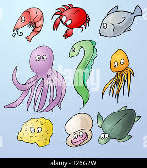 Cartoon illustrazioni di creature del mare gamberetti pesce granchio polpo anguilla meduse spugna tartaruga clam Foto Stock